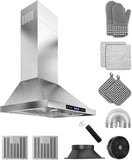 30 Inch Stainless Steel Wall Mount Range Hood 900 CFM Ultra-Quiet 4 Speed Touch & Remote Control, LED Lights Convertible Ducted/Ductless