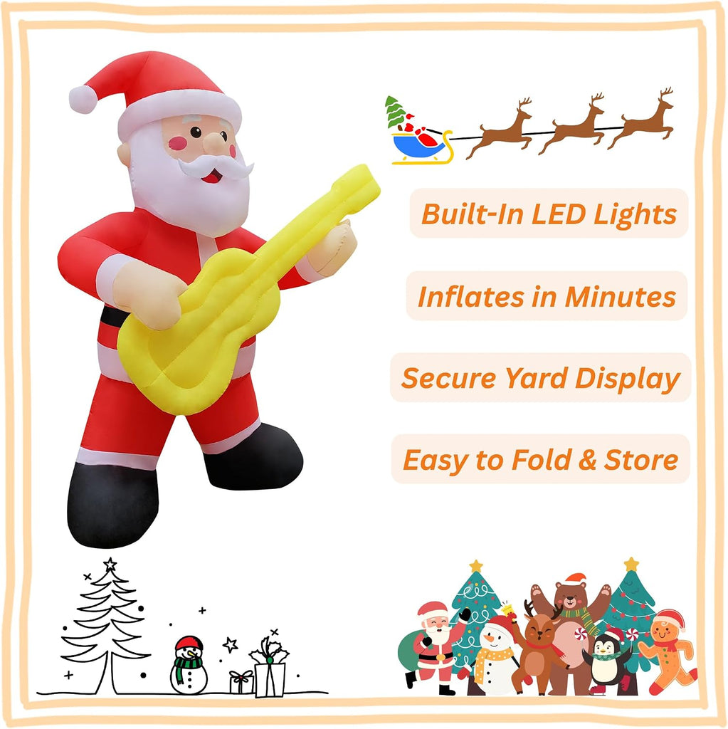 12FT Christmas Inflatables Outdoor Decorations Guitar Santa with LED Lights Christmas Blow Up Yard Decoration for