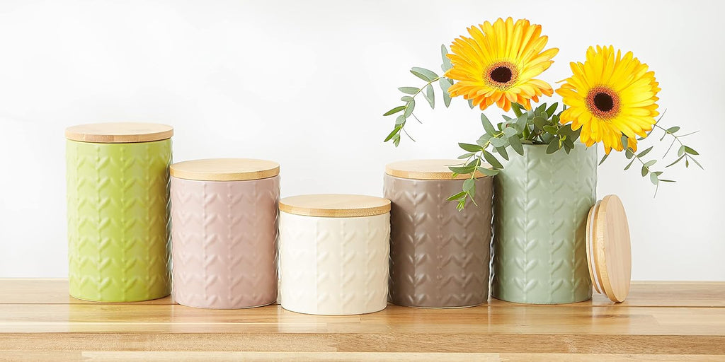 Kitchen Accessories Collection, Textured Matte Ceramic Canister Set, Antique White, Vine - Set of 3