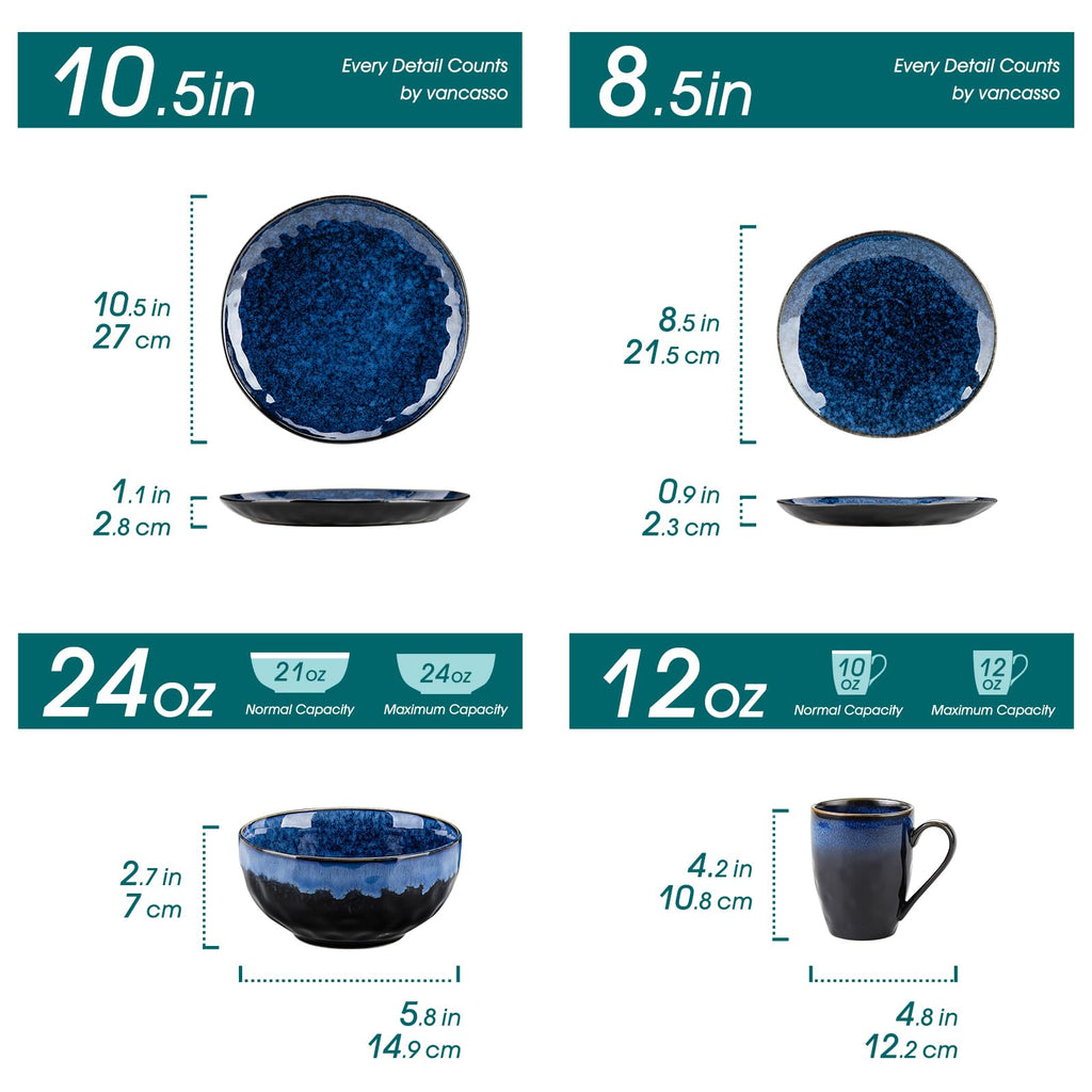Starry 16 Pcs Dinnerware Set for 4, Handmade Reactive Glaze, Blue