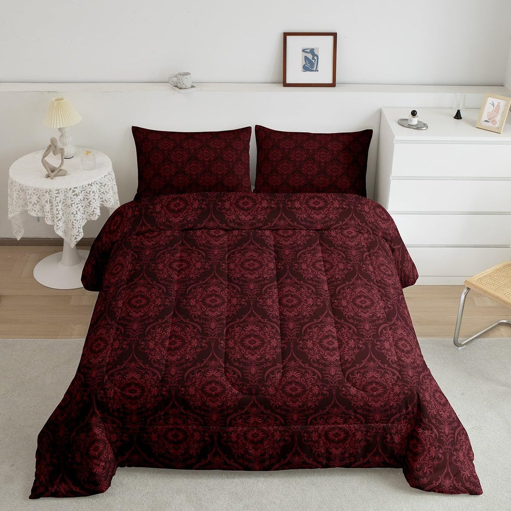 Vintage Red Gold Ombre Floral Comforter Boho Paisley Damask Bedding Comforter Set Full Victorian Baroque Gothic