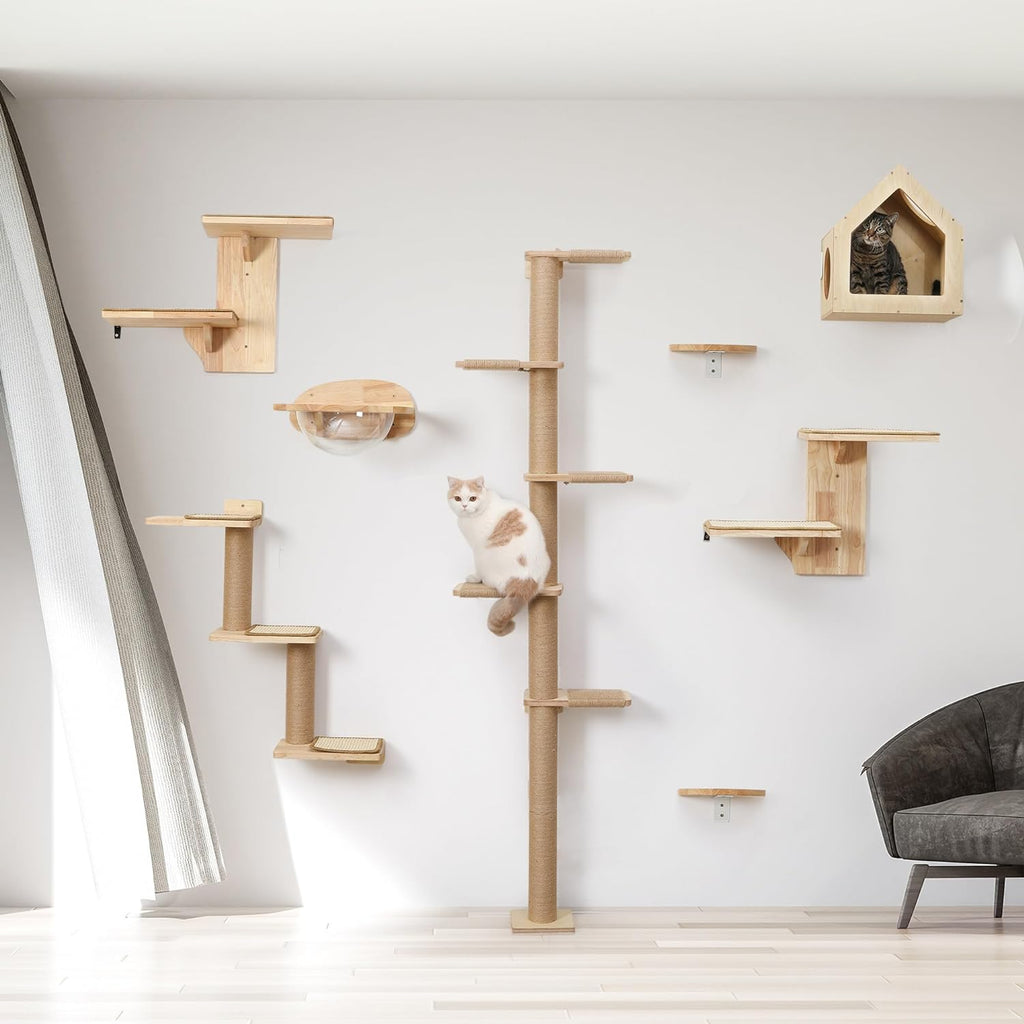 Cat Wall Shelves, 2 Platform Kitten Wall Furniture, Tree Shape Wall-Mounted Floating Shelf with Sisal Mat, Solid
