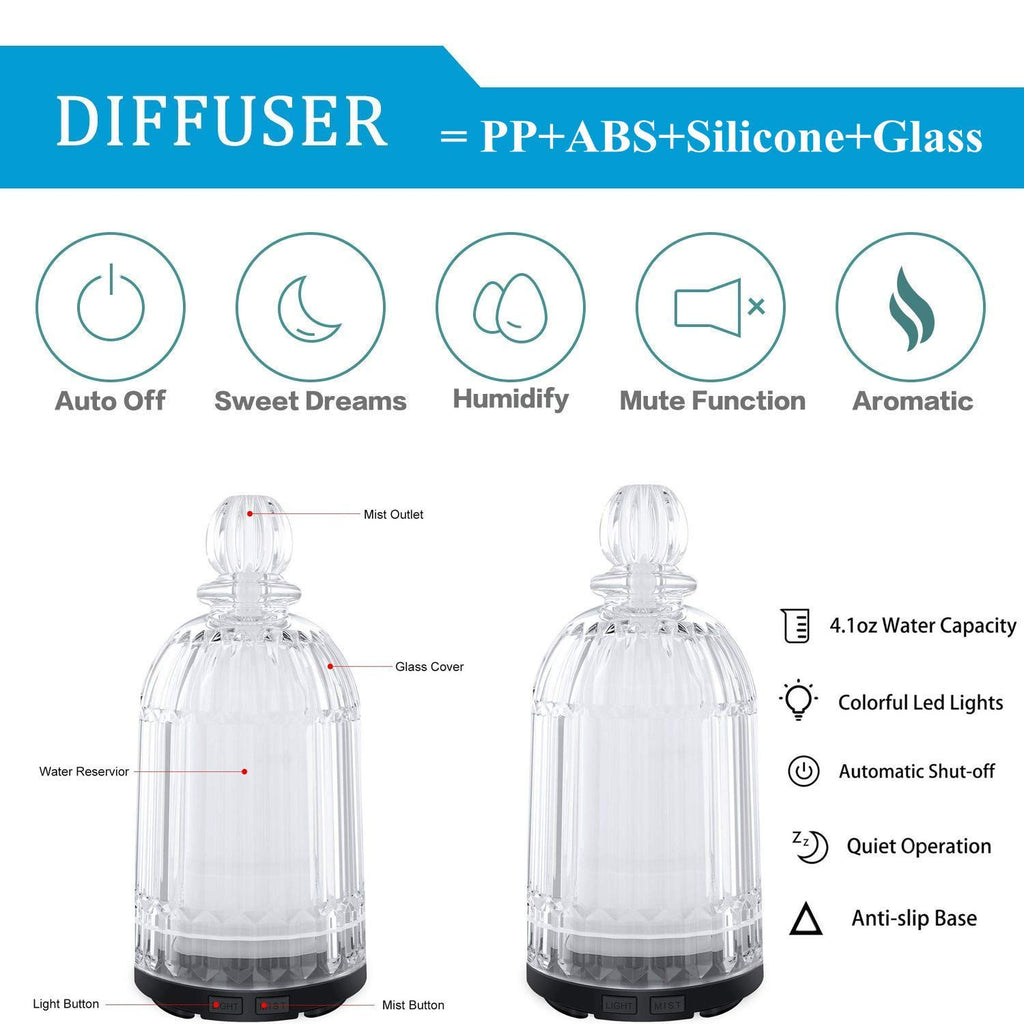 120ml Glass Essential Oil Diffuser, Ultrasonic Aroma Diffuser Glass Cover & Plastic Reservoir with Auto Shut-Off 7