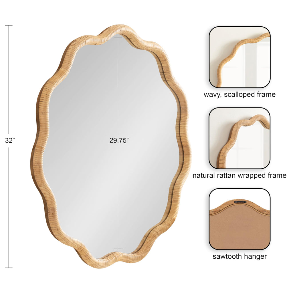 Rahfy Boho Scalloped Round Rattan Mirror, 32 Inch Diameter, Natural Wood, Decorative Round Wavy Mirror with Authentic