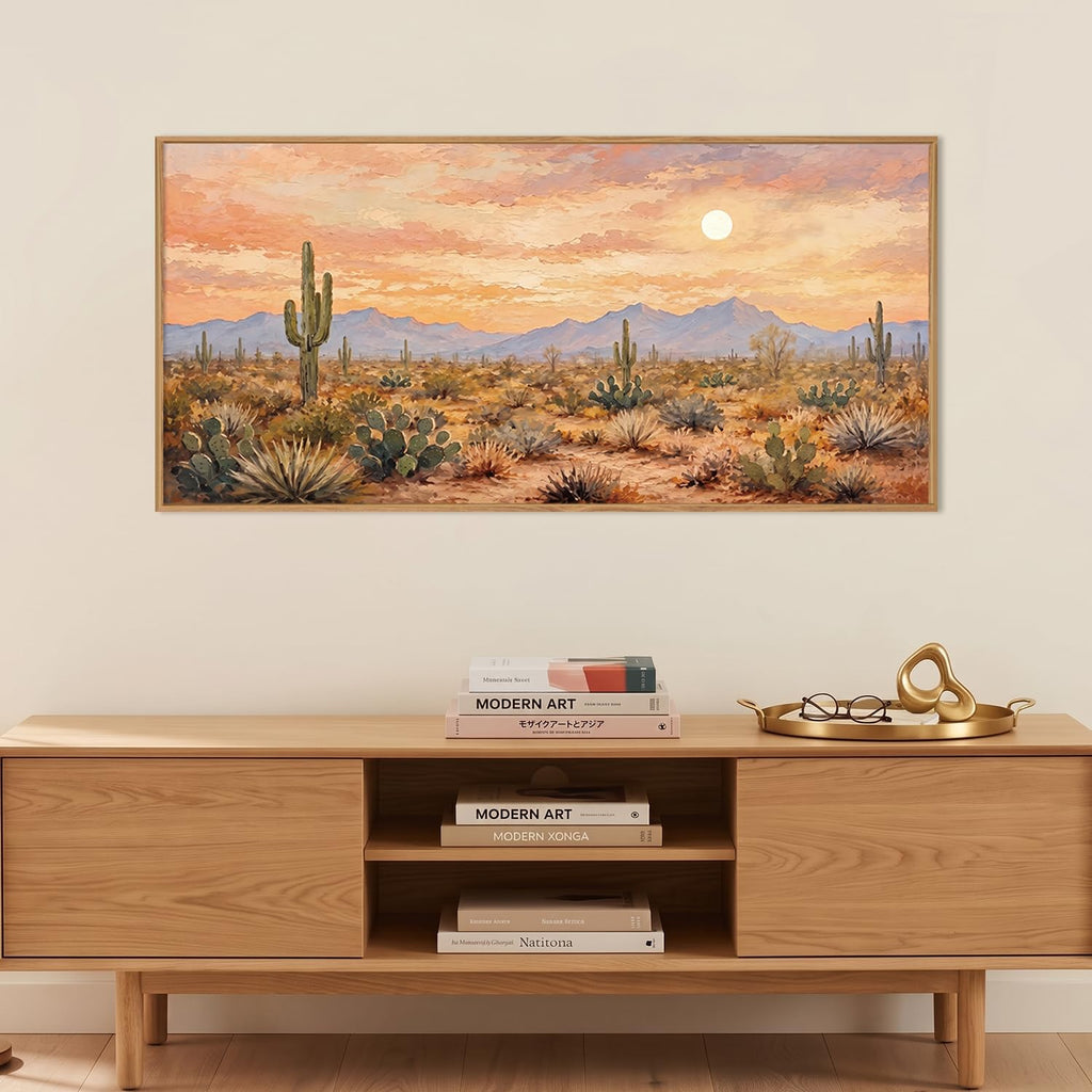 Large Desert Sunset Cactus Framed Canvas Wall Art Set, Vintage Southwestern Landscape Wall Decor, Boho Orange Mexican