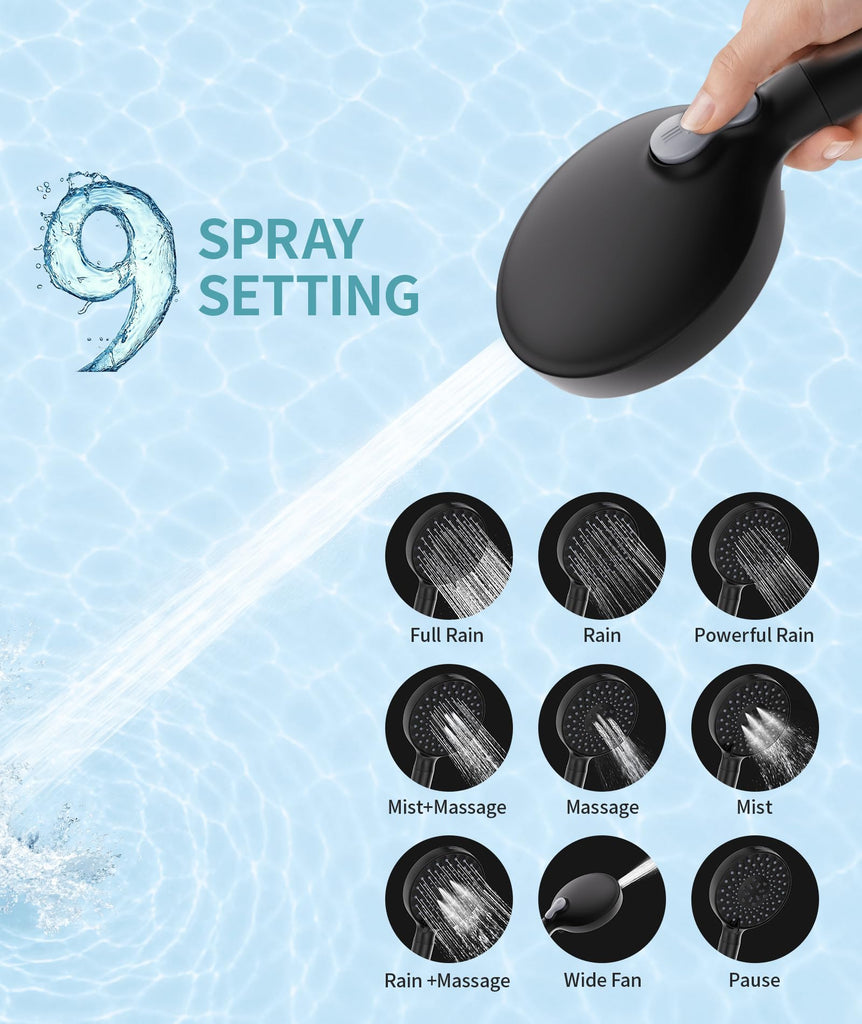 Filtered Shower Head with Handheld High Pressure 9 Spray Mode Showerhead Detachable Shower Head Water Softener