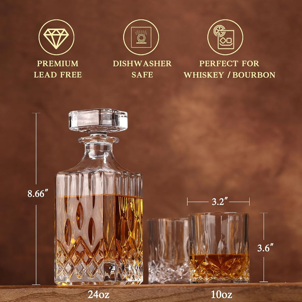 Crystal Whiskey Decanter Set In Gift Box - Includes 4 Crystal Whiskey Glasses and 4 Big Ice Ball Molds - Unique - Set of 9