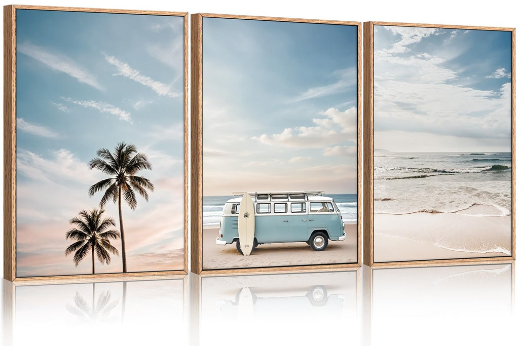 Large Ocean Beach Surfboard Framed Canvas Wall Art Set -16"x24"x3