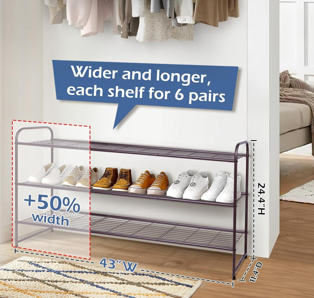 Long 3 Tier Shoe Rack for Closet Wide Shoe Storage Organizer Stackable Metal Shoe Shelf for 24 Pairs Men Sneakers