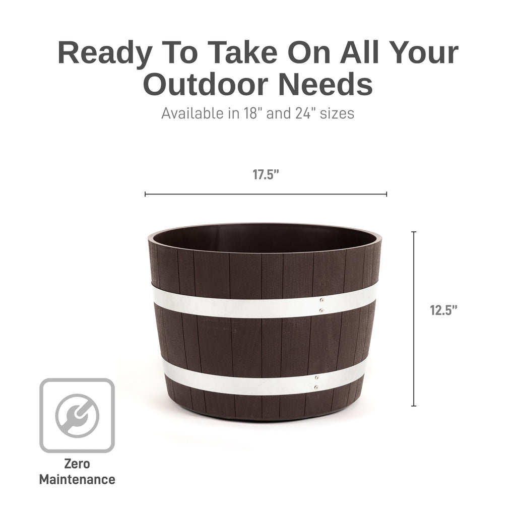Better Barrel 18-Inch Outdoor Planter, Walnut - Rustic Whiskey Barrel Style Heavy-Duty Resin Pot with Rusting Steel
