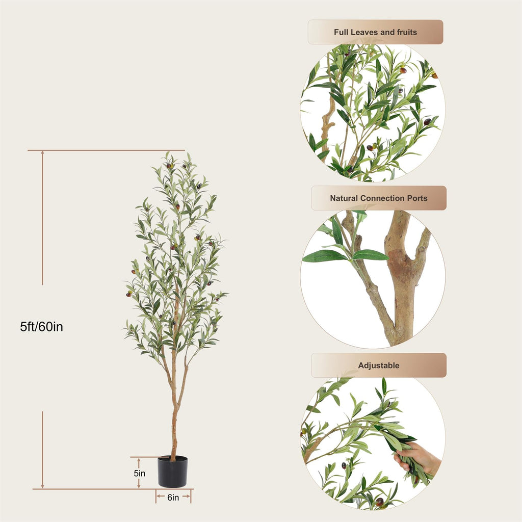 Faux Olive Tree with Natural Wood Trunk, 5ft, 1Pack