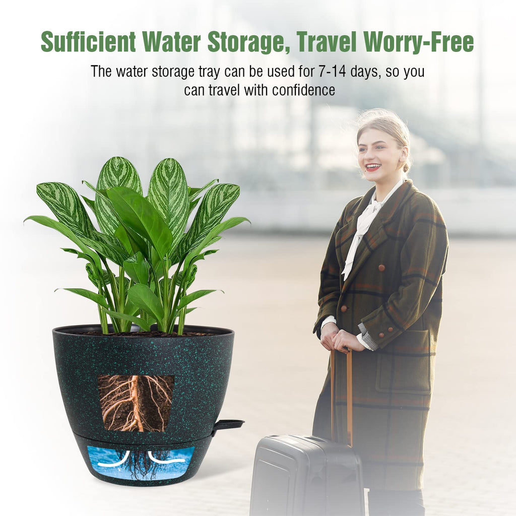 10 inch Self Watering Planters, 2 Pack Large Plastic Plant Pots with Deep Reservior and High Drainage Holes for