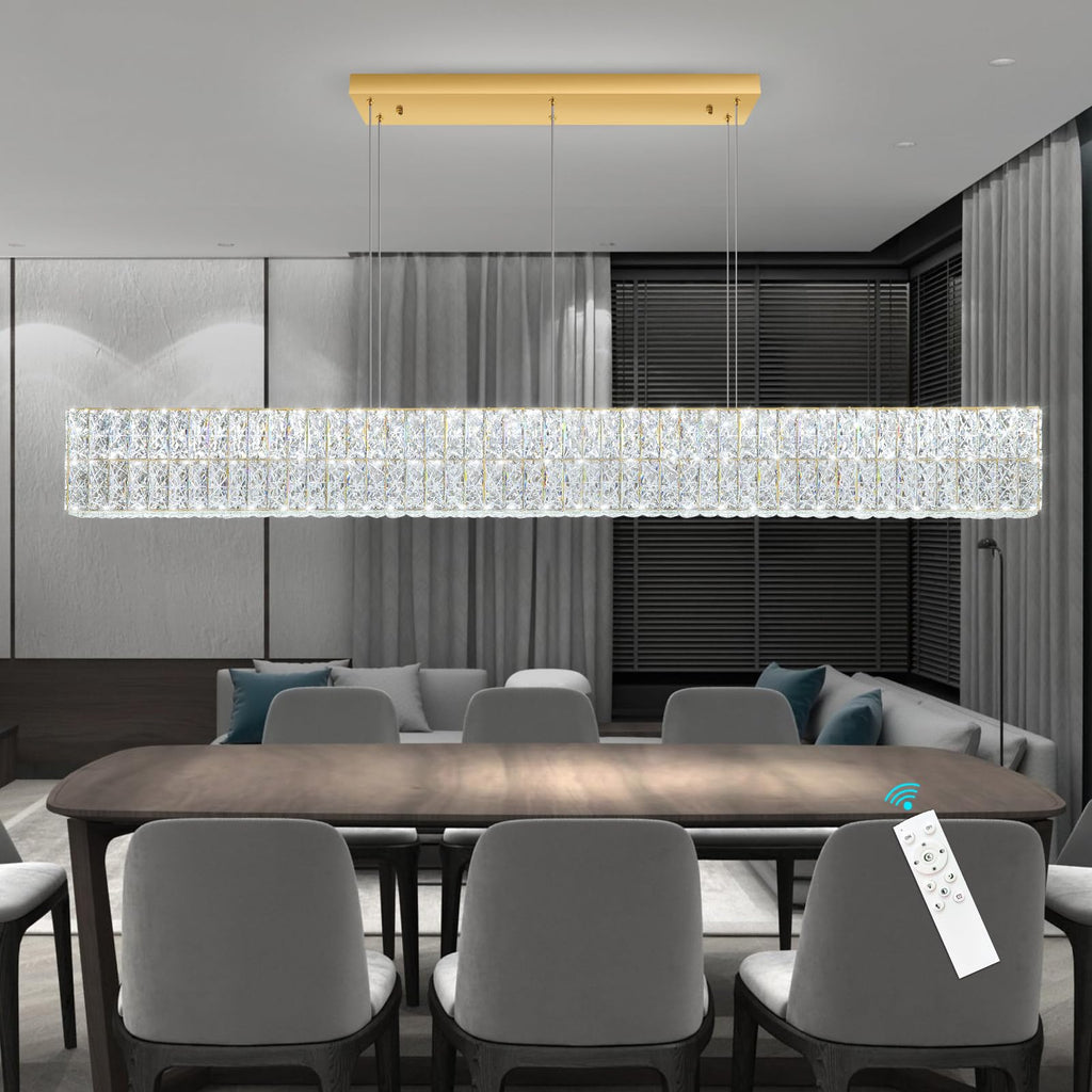 Rectangular Crystal Chandelier Dimmable LED Linear Chandeliers Remote Ceiling Pendants Light Fixture Island Gold