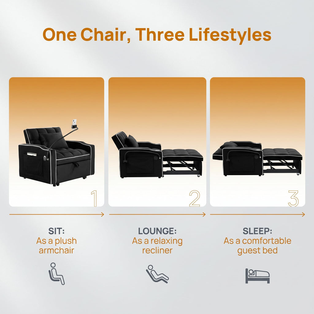 Sleeper Chair with Pull Out Bed, 5 In1 Convertible Chair Bed, Black