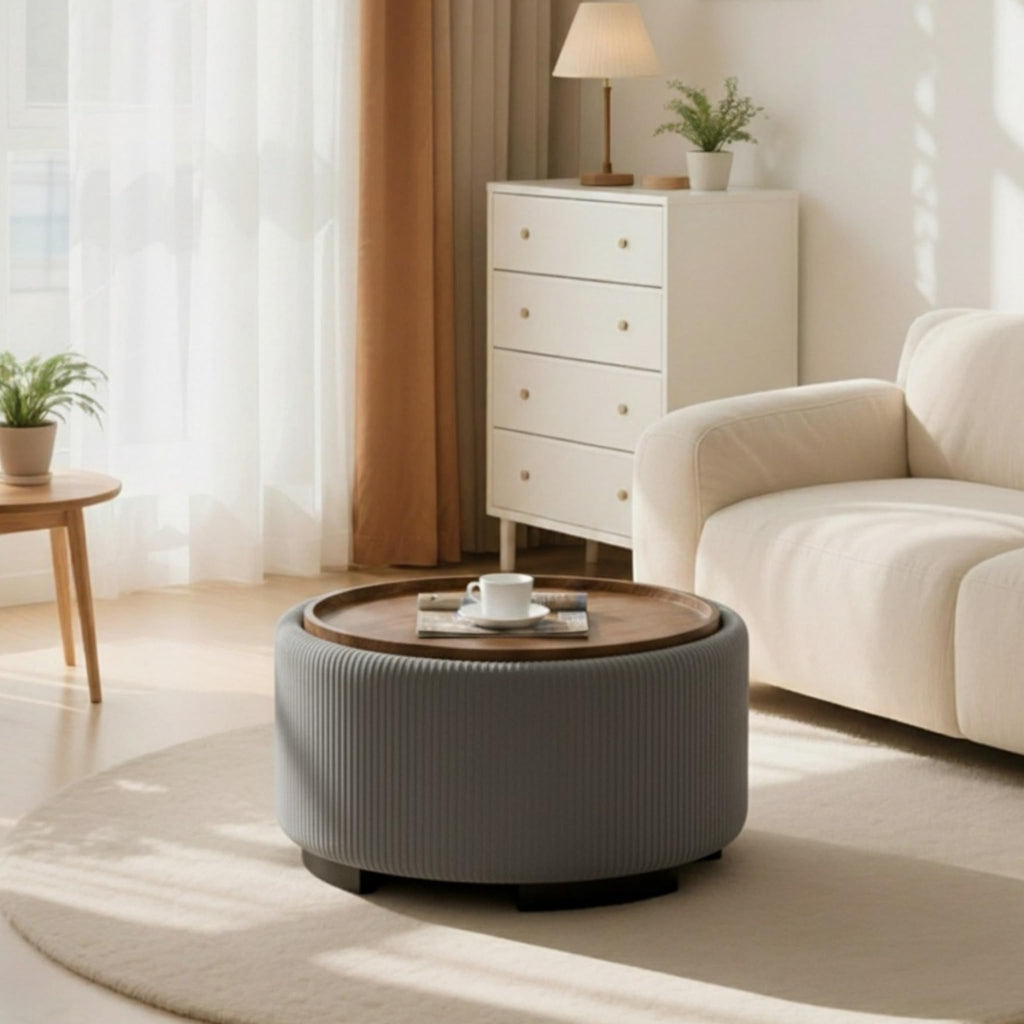 29.5 Inch Round Storage Ottoman Coffee Table, Grey Velvet