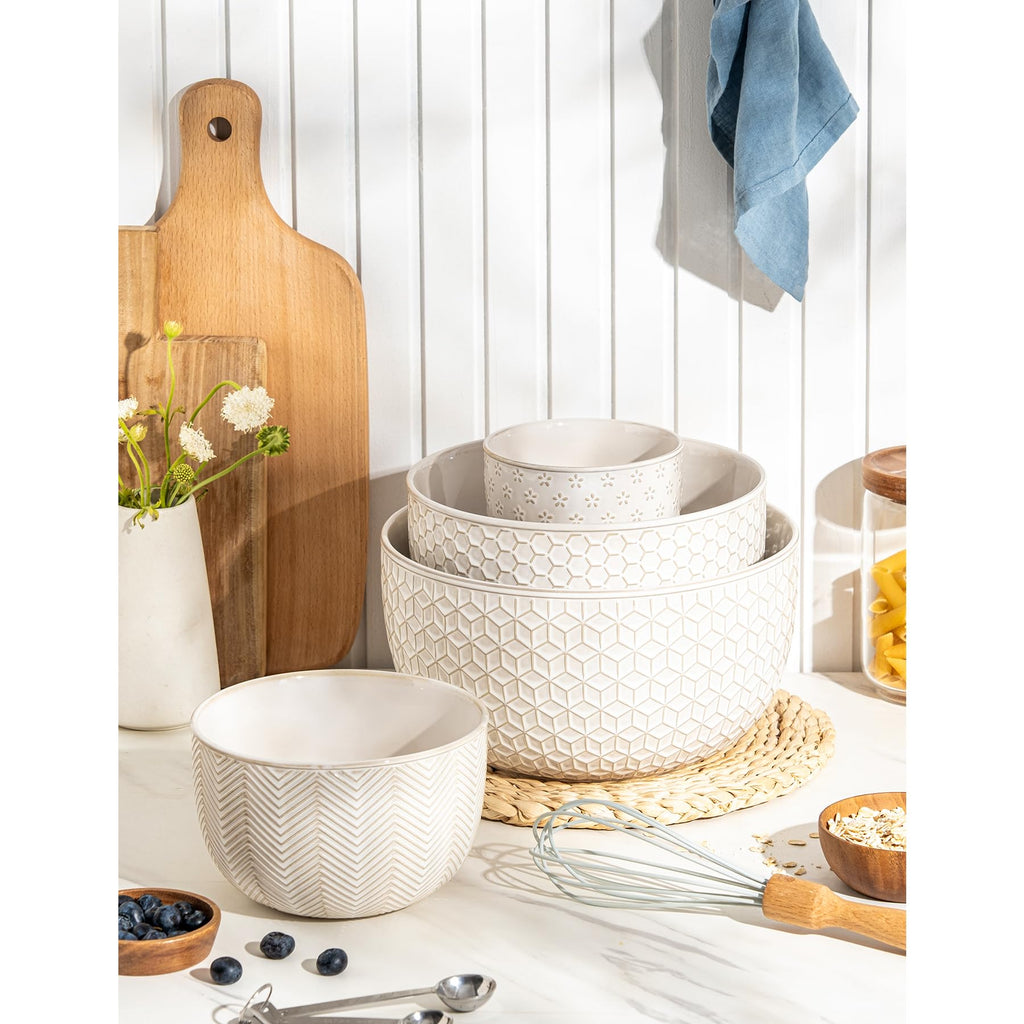 Ceramic Mixing Bowls, Embossed Nesting Bowls Set of 4, Mixing Bowl Set for Serving, Baking, Cooking and Gift