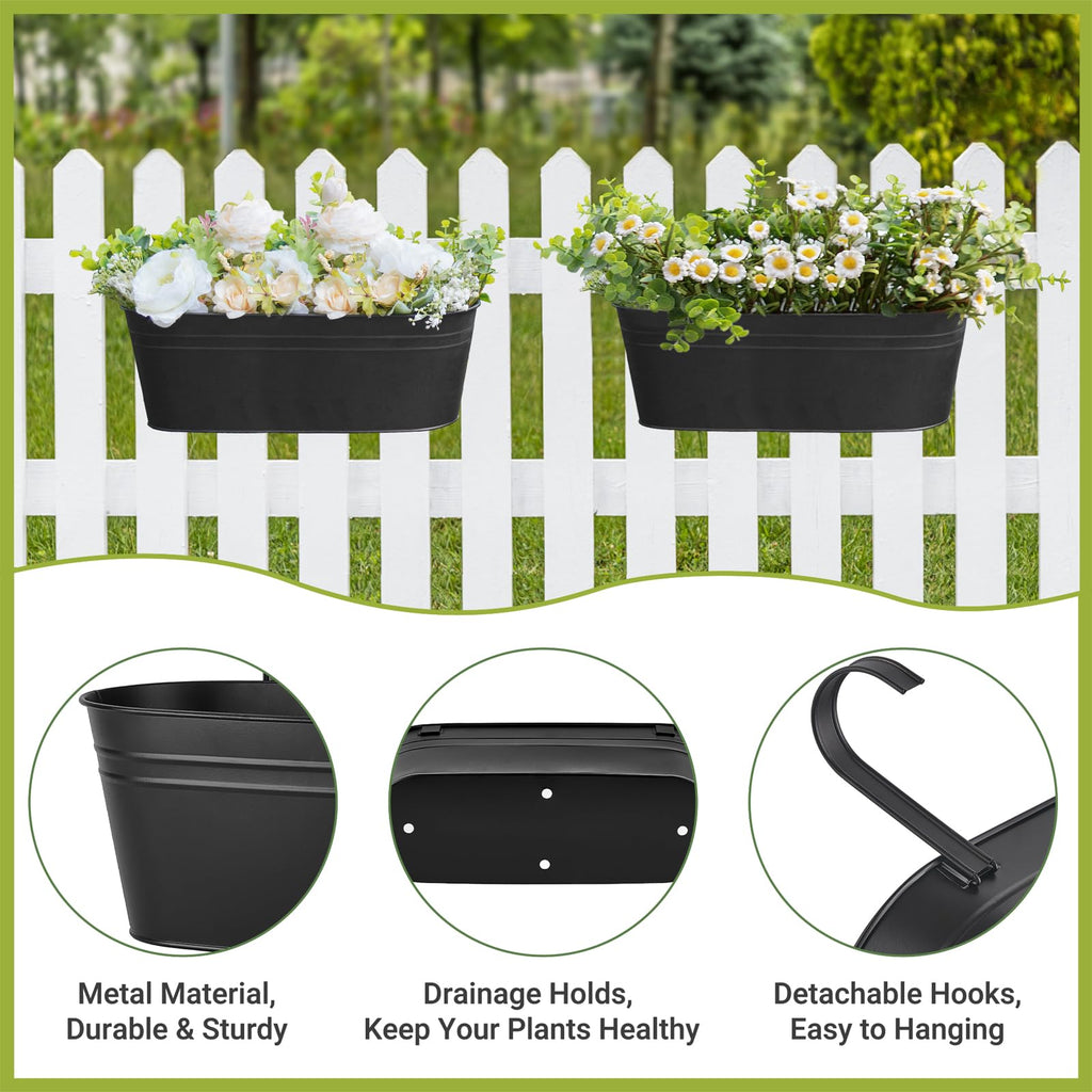 15 Inches Railing Planter Box 3 Pcs Metal Hanging Flower Pots, Black
