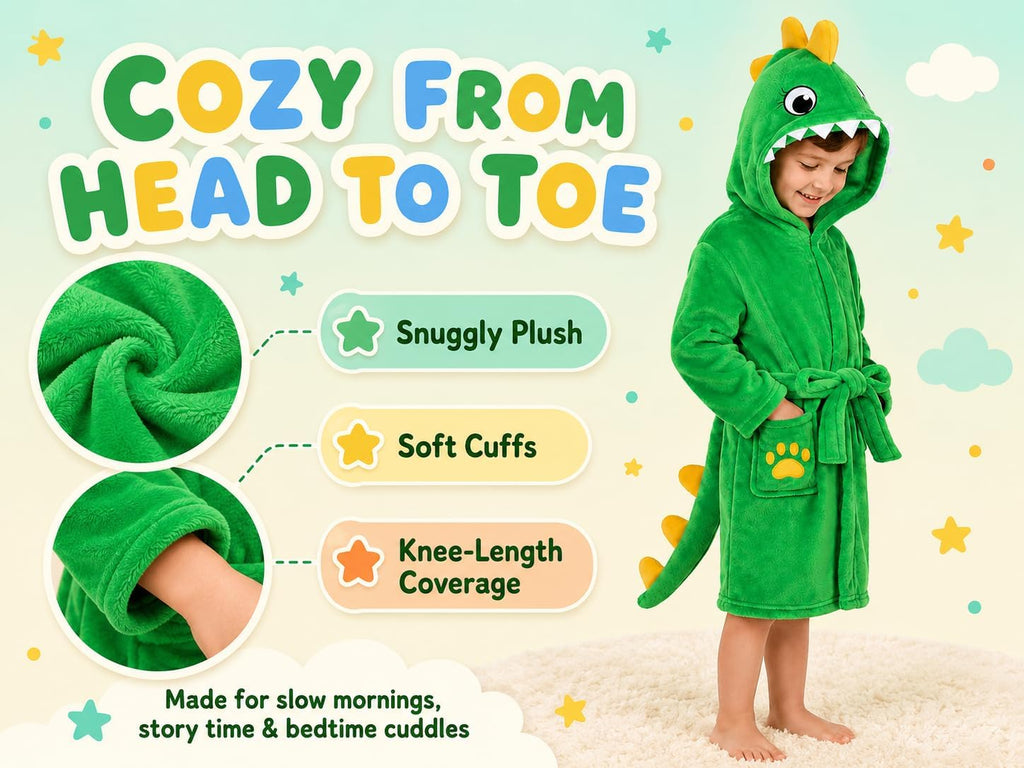 Toddler Dinosaur Lamb Hooded Bathrobe - Soft Flannel Robe with Tail, Belt & Pockets, Cozy Robe for Kids