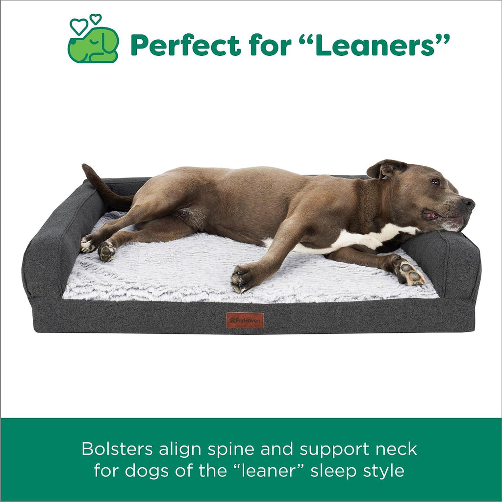Birch Faux Fur & Soft Faux Linen Gel-Top Sofa Pet Bed, Charcoal, Jumbo