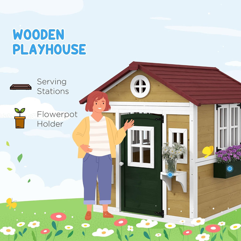 Outdoor Kids Playhouse with Dutch Door for Toddlers 3-8, Beige | Wooden, Windows, Flower Holders and Boxes, Cottage
