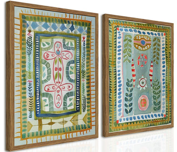 Framed Boho Wall Art Set of 2, Sage Green Botanical Pictures Wall Decor, Abstract Folk Art Paintings Canvas Prints