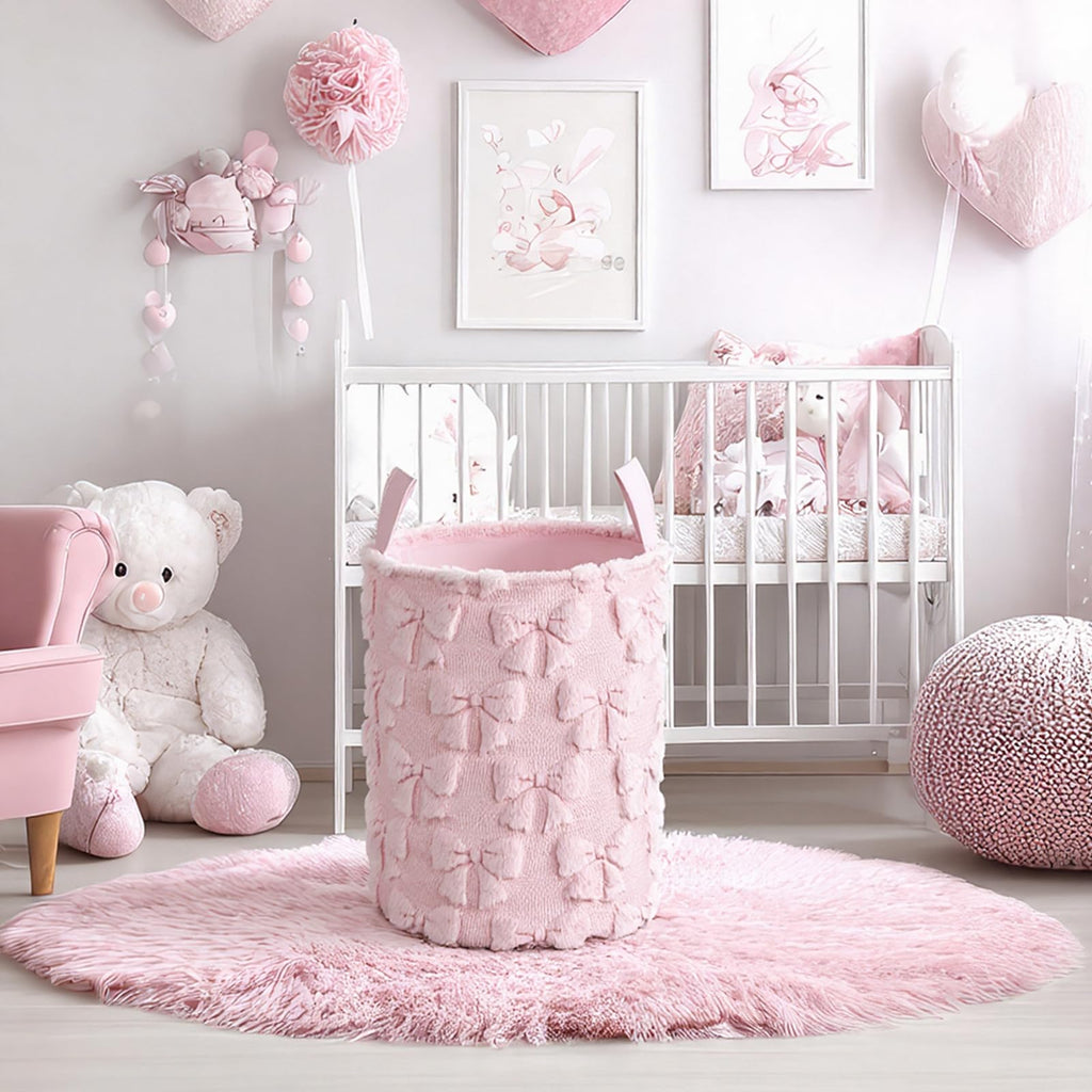 Coquette Pink Bow Laundry Basket 18 x 14 Inch Coquette Storage Basket for Girls Nursery Hamper Foldable Fluffy Plush