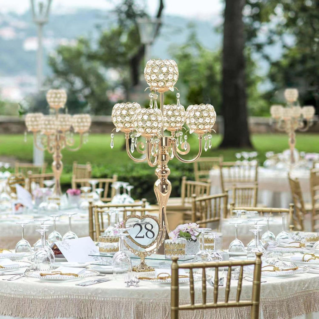2 PCS Kehail Crystal Table Decoration Gold Candle Holder with Pendant, 5 Arm Candelabra Holder Beautiful Hollow