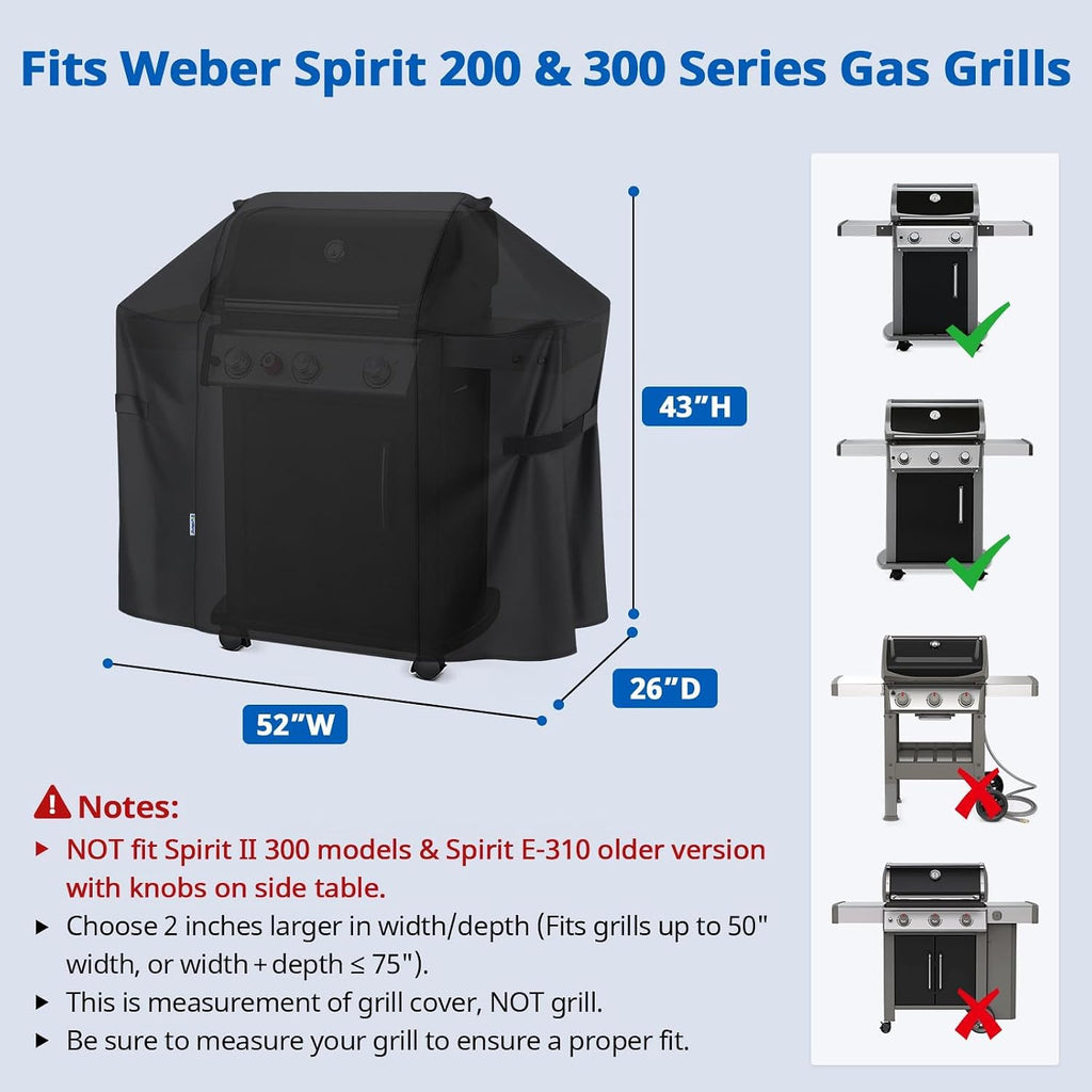 BBQ Grill Cover 52 Inch, Outdoor Durable Waterproof Gas Barbecue Cover, Compatible for Weber Spirit 200 and 300