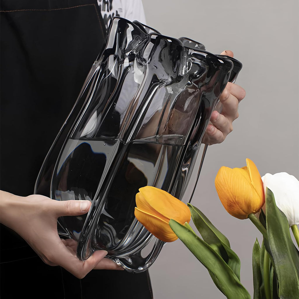 Black Advanced Grey Glass Vase for Flowers, Hand Blown Art Glass Glass vase,Room Decoration and Centerpiece