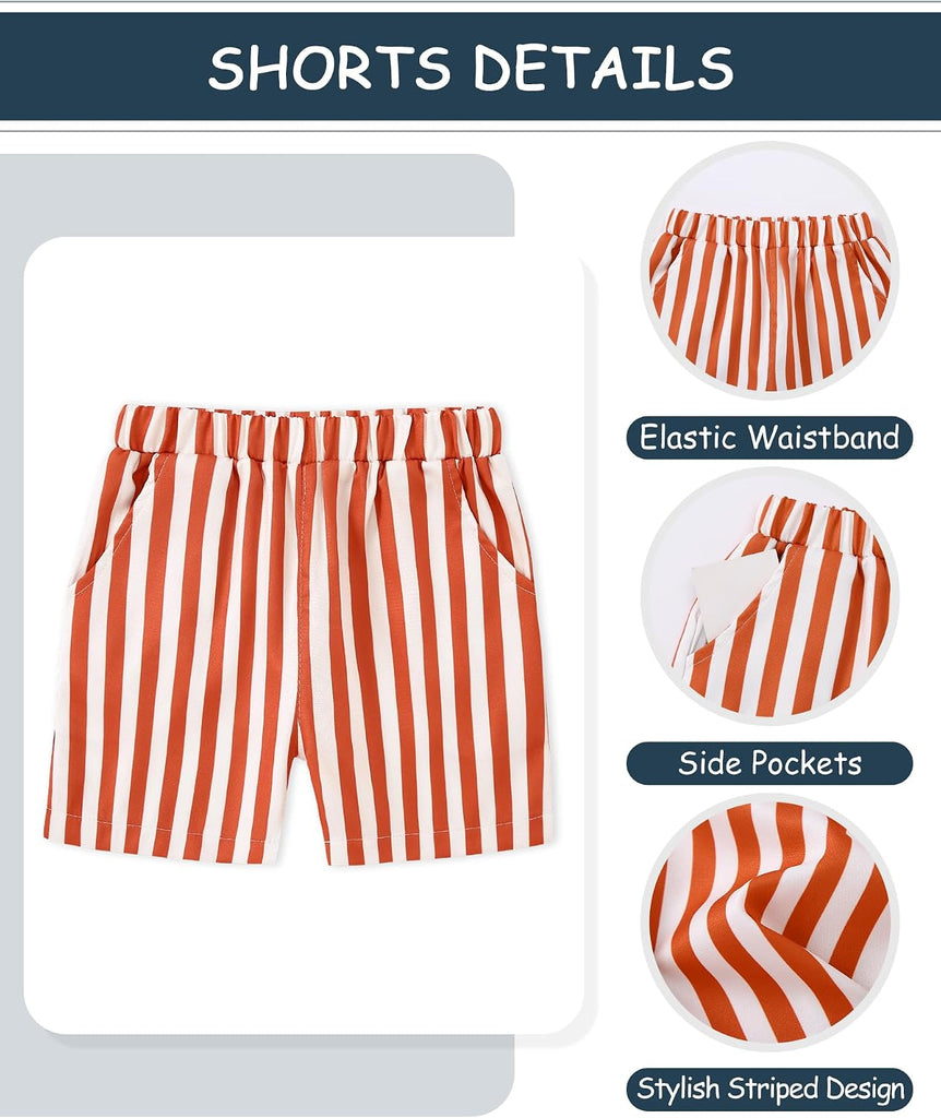Toddler Baby Boy Summer Outfits Crew Neck T-shirt+Striped Shorts Set with Pockets Casual 2 Piece Clothes
