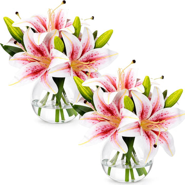 2 Pack Pink Lily Faux Flowers in Vase, Silk Lily with Faux Water