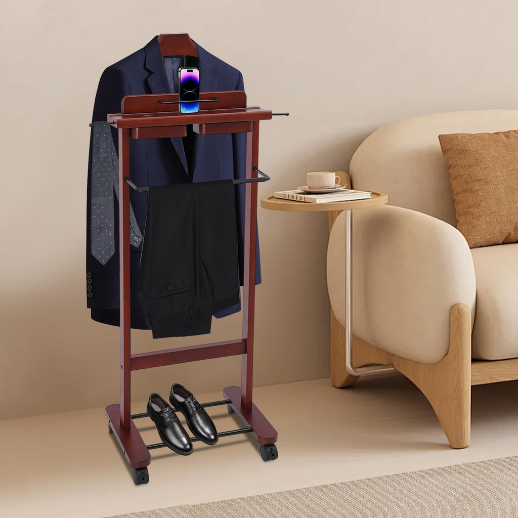 Wooden Freestanding Clothes Stand with Sturdy Base, Multi-functional Suit Valet Stand, Coat Rack with Top Drawer, Tie