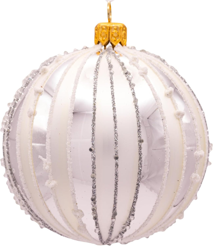 Luxury Handcrafted European Glass Christmas Ball Ornaments - Set of 6 - Silver & White - Frosted Luxe - 8 cm
