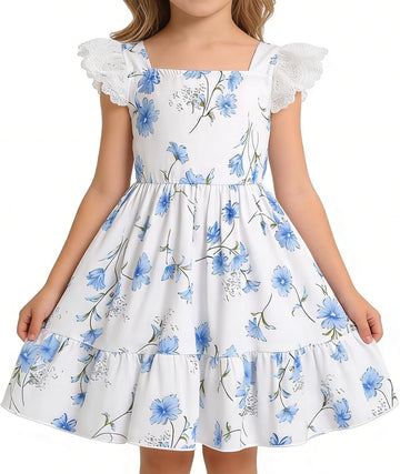 Girl A-Line Dress Summer Hollow Out Lace Sleeve Party Sundress Kids Casual Ruffle Hem Outfit Clothes 18Month