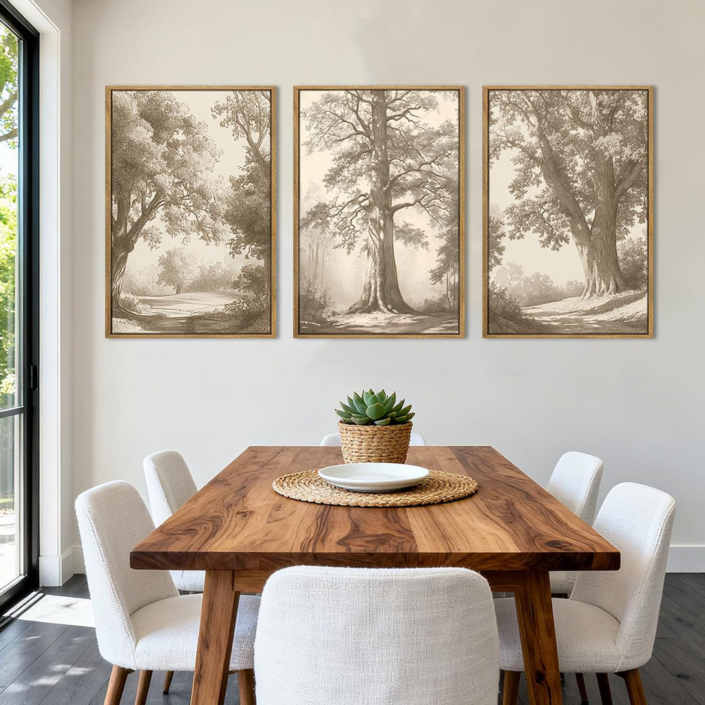 Vintage Tree Canvas Wall Art Framed Rustic Tree Landscape Sketch Antique Painting Neutral Forest Wall Decor 16x24
