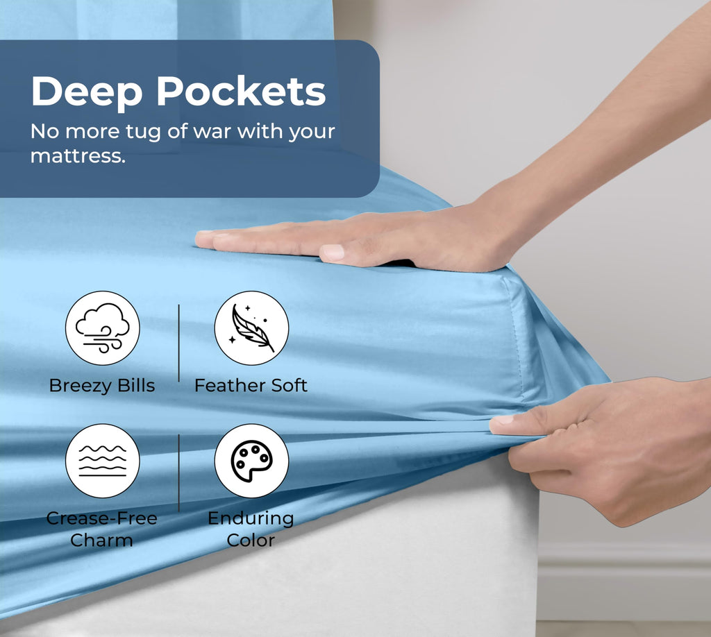 100% Organic Cotton Fitted Sheet - Percale Weave - Super Soft Deep Pocket Bottom Sheets - Lake Blue Elastic Sheet