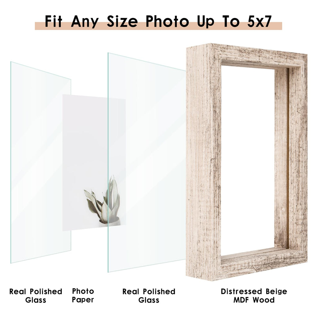 5x7 Floating Frames Distressed Beige White Wood Pattern, Double Glass Picture Frame Display Any Size Photo up to