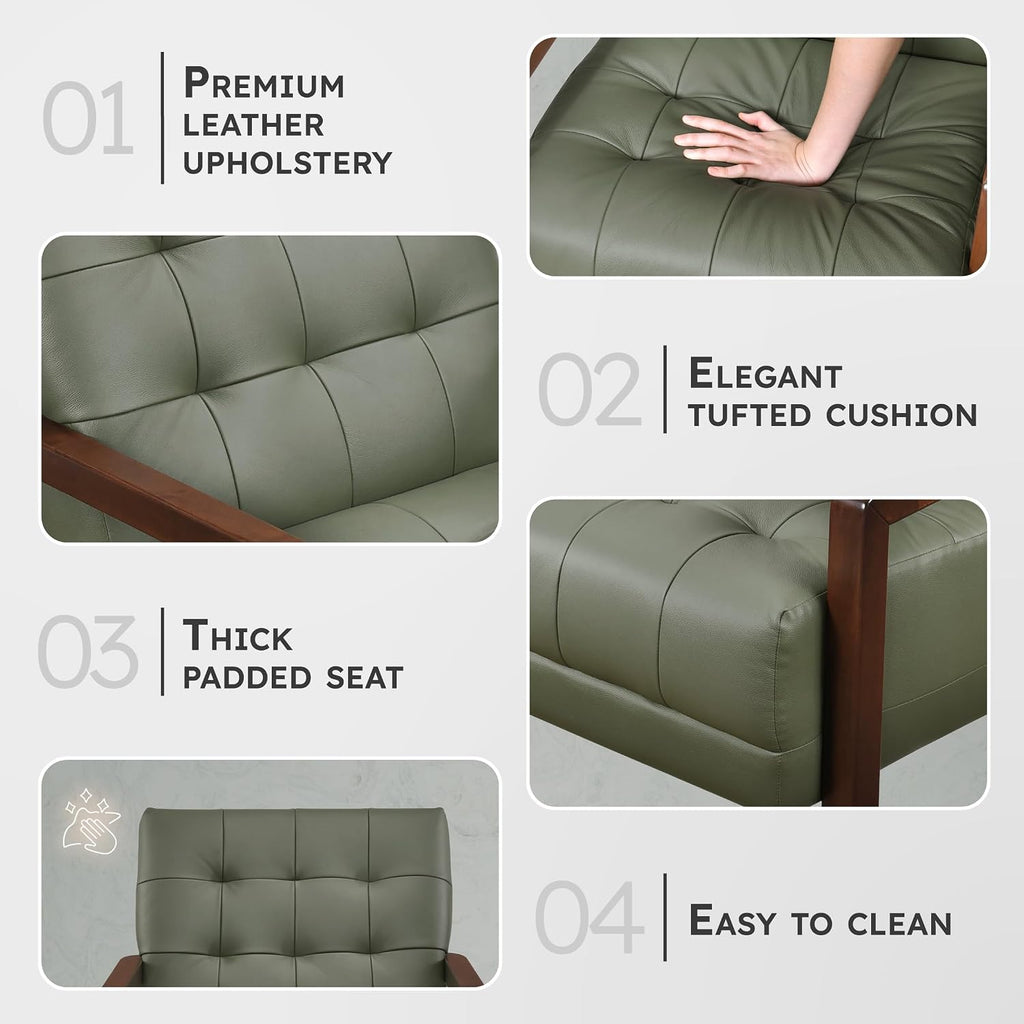 Modern Leather Match Accent Chair,Tufted,Solid Wood Arms,Green