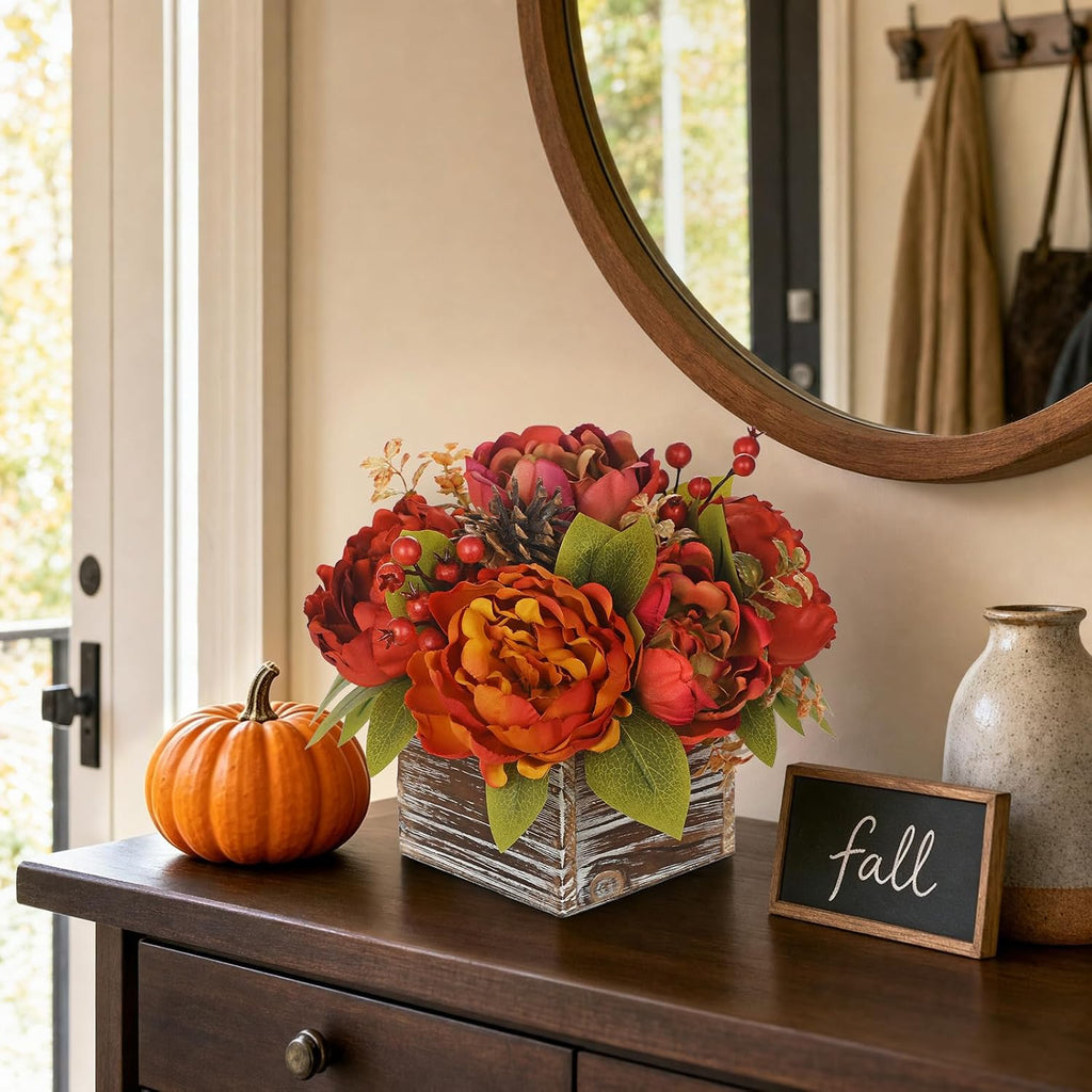 Fall Peonies Artificial Flowers Arrangements In Rustic Square Wooden Box