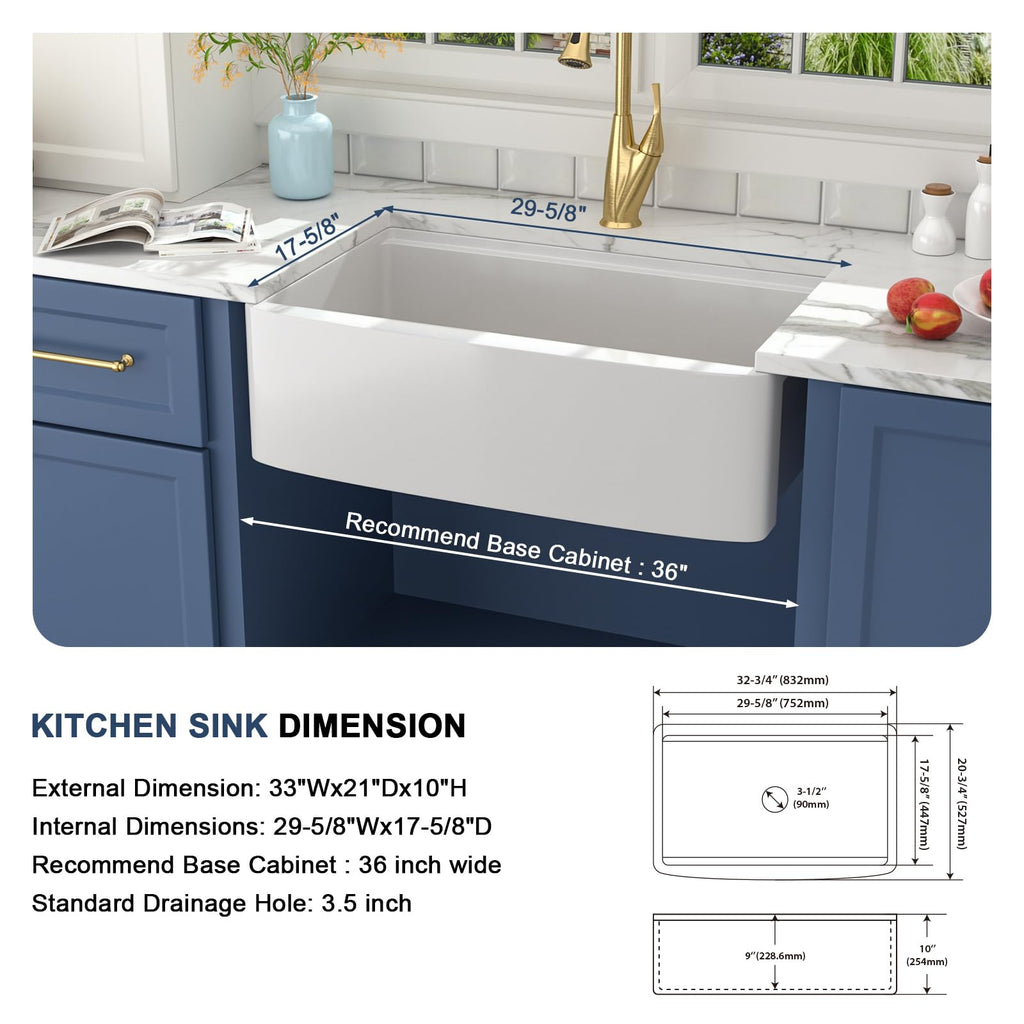 Farmhouse Sink 33 Inch White Kitchen Sinks Workstation Curved Apron Fireclay Porcelain Ceramic Single Bowl Farmer