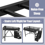 Queen Loft Bed Frame with Storage Stairs, Beside Shelf & Wardrobe, Metal Queen Loft Bed with LED Light & USB Ports