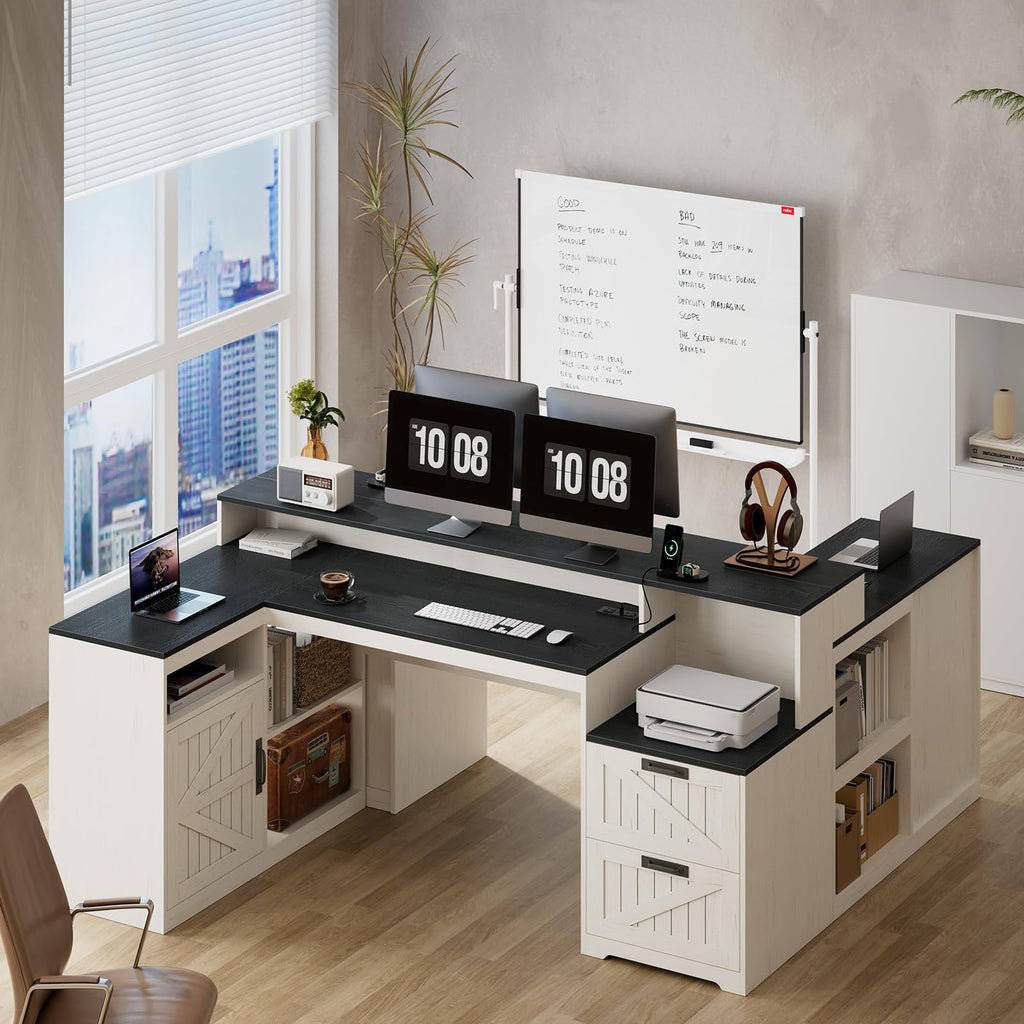 63" Farmhouse L Shaped Desk with Drawers and Printer Stand
