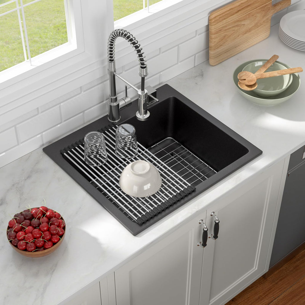 25x22 Inch Black Granite Composite Drop Sink Top mount Quartz Single Bowl Contemporary Kitchen Deep Sink Basin with