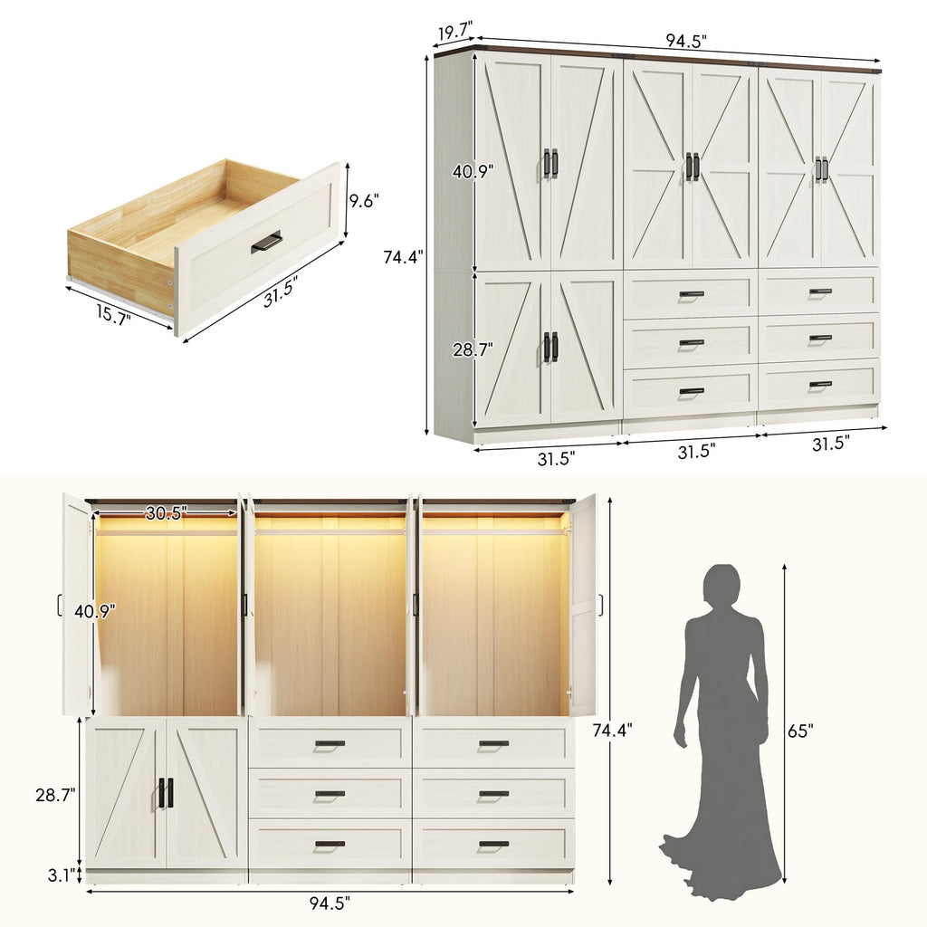 74" Tall Farmhouse Armoire Wardrobe Closet with Sensor LED Light(White ABB)
