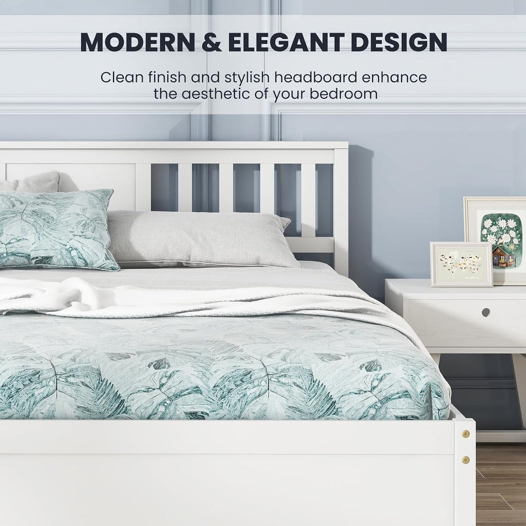 Queen Solid Wood Platform Bed Frame, Mid Century Queen Bed Frame with Headboard, Wooden Slat Support, Queen Panel