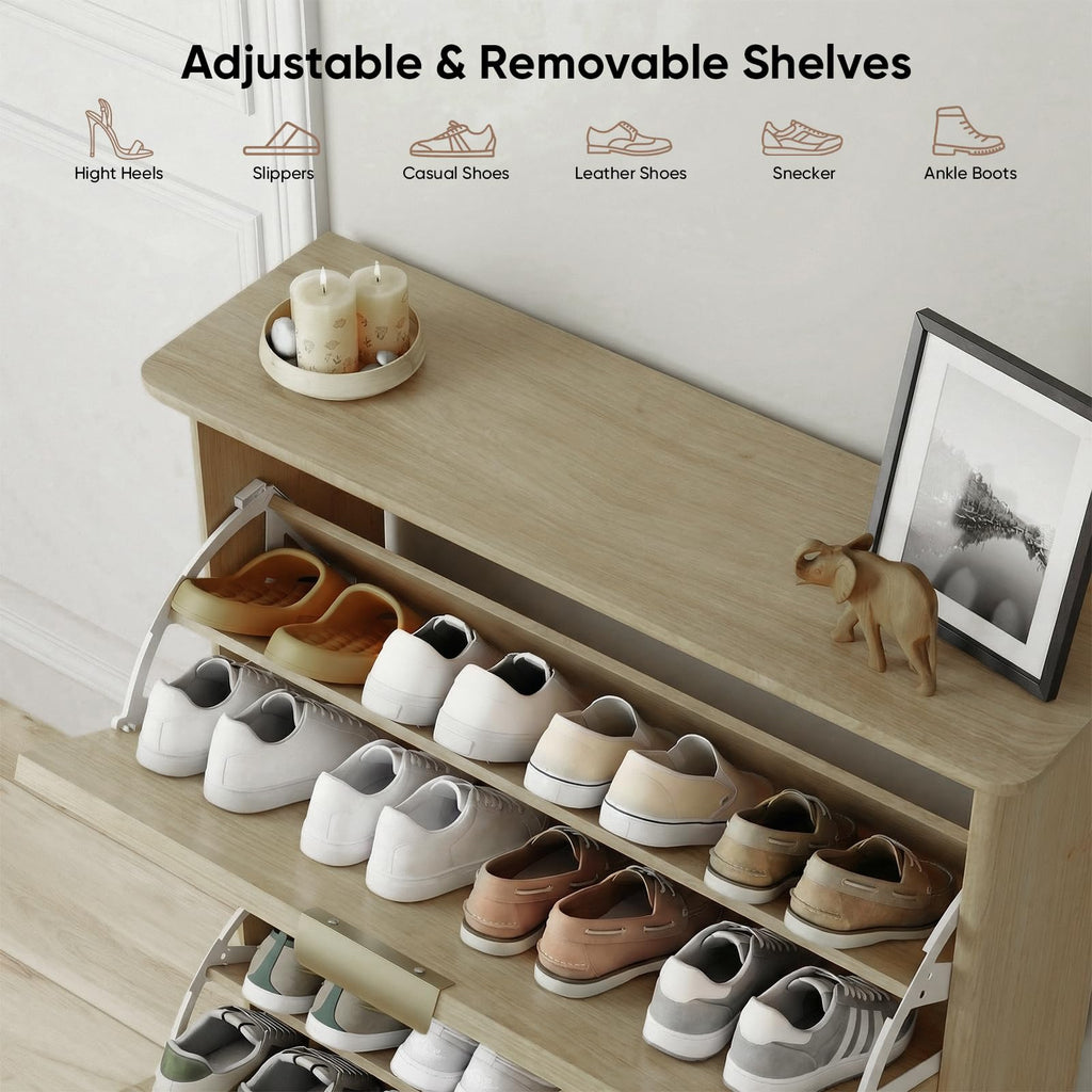 Natural Wood Hidden Shoe Storage Cabinet, Narrow Shoe Rack Cabinet with 3 Flip Drawers, Freestanding Shoe Organizer