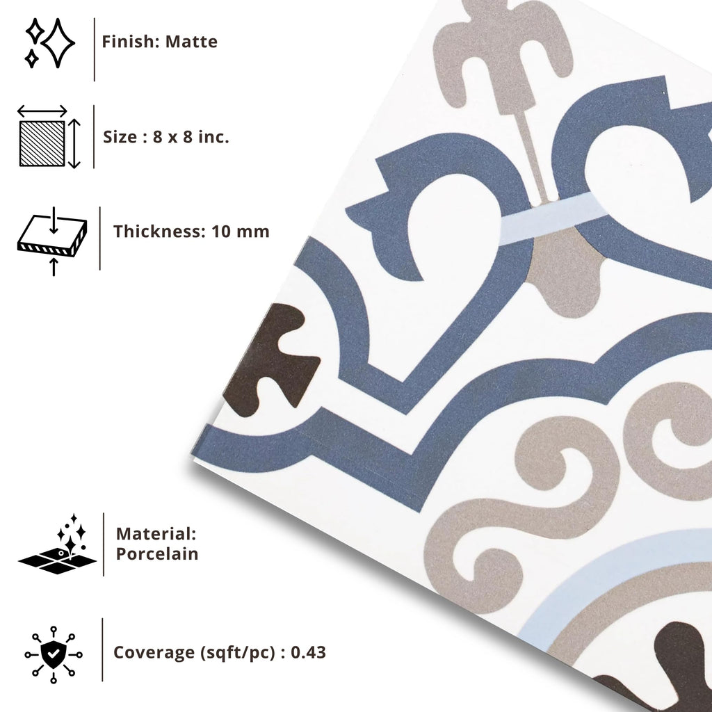 Azure Crest 8" x 8" Matte Porcelain Tile for Floor and Wall, Blue Gray Mediterranean Pattern, Spanish Encaustic Look
