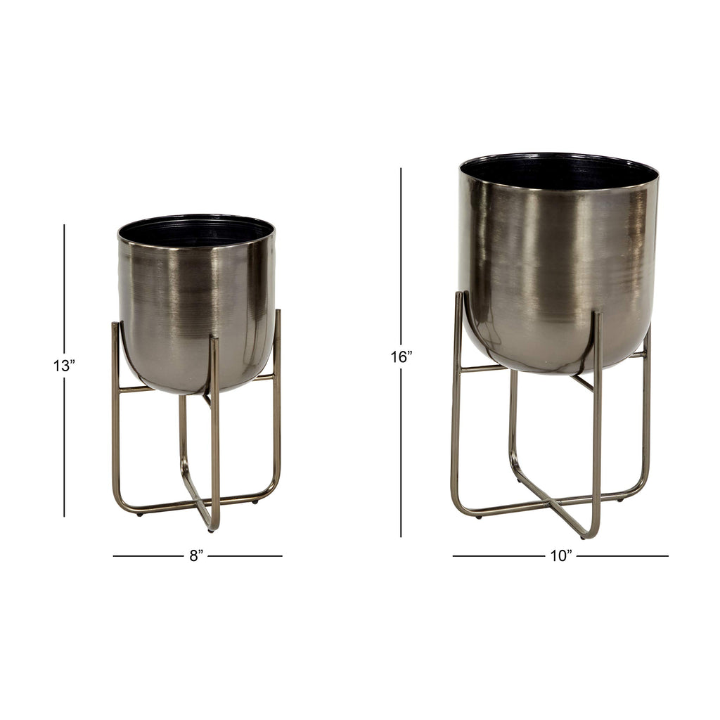 Metal Round Planter with Removable Stand, Set of 2 16", 13"H, Black