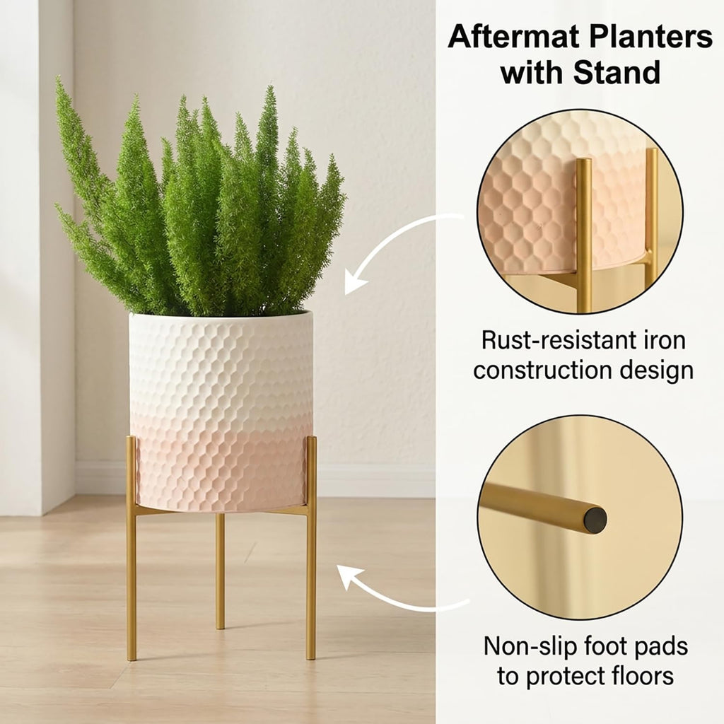 Modern Planter Pots, Set of 2 White Pink Planters with Stand, Decorative Planters, Metal Pots with Drainage Holes