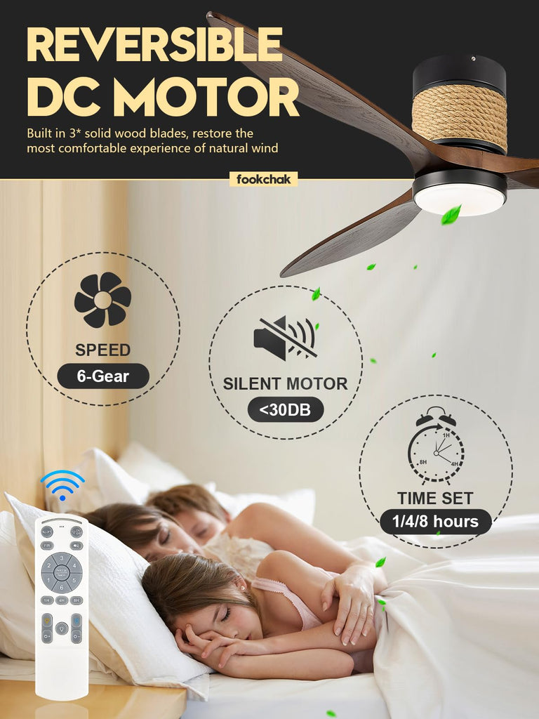 60in Dimmable Flush Mount Ceiling Fans Light with Remote Control 3 Blade Farmhouse Hemp Rope Ceiling Fan with Light